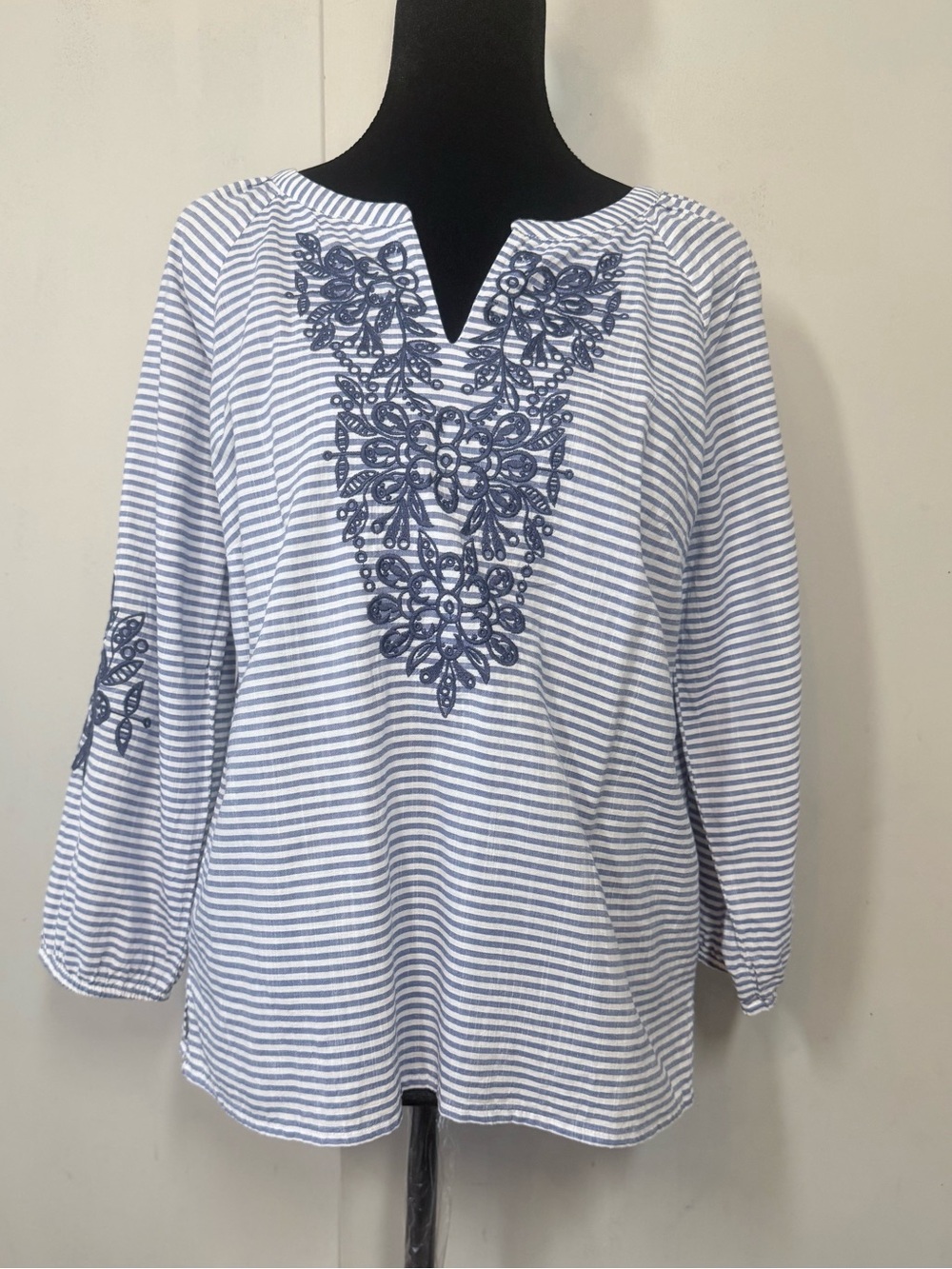 Striped Embroidered V-Neck Women’s Top - Blue
